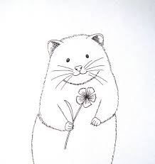 Hamster Ink Drawing Print Black And White Cute Funny Hamster Smile Flower Love Illustration 5x7 Modern Simple Home Wall Original Ink Drawing Drawing Prints Art