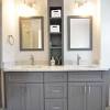 Floor mount vanity in bright navy blue with brushed nickel hardware. 1