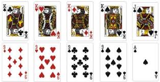 Vector set of different playing cards combination four aces, royal straight flush and others top view isolated on green poker table. Playing Cards Vector Free Download