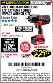 Earthquake Xt 20v Max Lithium 1 2 In Cordless Xtreme Torque Impact Wrench Kit For 229 99 Harbor Freight Tools Impact Wrench Cordless