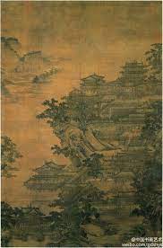 元李容瑾 汉苑图 绢本 水墨 纵156 6cm 横108 7cm 台北故宫藏 描绘气势雄伟之汉苑 楼台殿阁古树环抱 回廊水榭依山傍水 远岭烟树冥蒙 渺妙 胜似仙境 界画工整 比例精确 线条流畅 人物生动传神 树石画法略比王振鹏粗壮 颇具苍浑秀润 是 painting