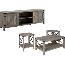 Add style to your home, with pieces that add to your decor while providing hidden storage. 4 Piece Barn Door Tv Stand Coffee Table And 2 End Table Set In Rustic Gray Oak Walmart Com Walmart Com