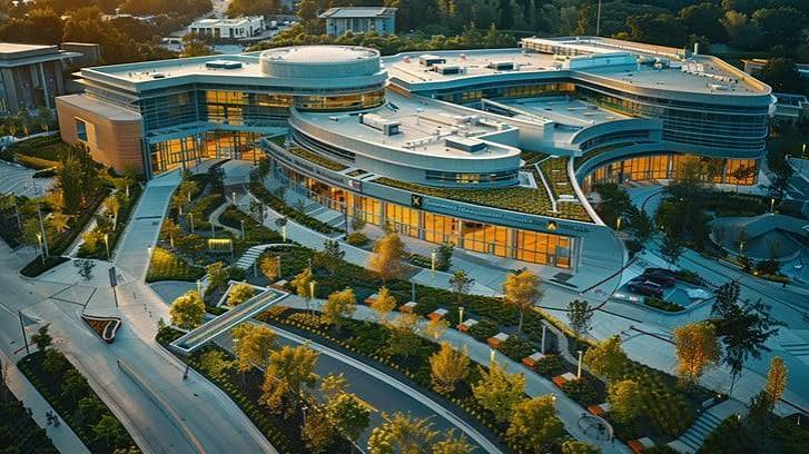 Modern business campus aerial sunset