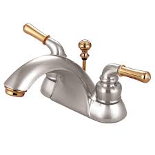 Kingston Brass 4 In Centerset 2 Handle Bathroom Faucet In Satin Nickel And Polished Brass Sink Faucets Bathroom Sink Faucets Bathroom Faucets