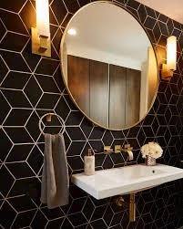 Black And Gold Bathroom Floor Tiles Three Bold Tile Choices For A Family Home Rue Geometric Tiles Bathroom Bathroom Interior Round Mirror Bathroom