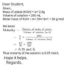 What is the molarity of a solution that contains 30 grams of naoh in 500 / honors chemistry solutions flashcards quizlet. What Is The Molarity Of A Solution Containing 2 8 G Of Koh In 200 Ml Of Water Chemistry Some Basic Concepts Of Chemistry 13960535 Meritnation Com