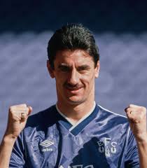 Liverpool striker Ian Rush pictured in an Everton shirt for a Shoot  magazine April Fools feature at Goodison Park in 1989.