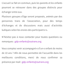 We did not find results for: Outrans On Twitter Nouveau Groupe De Parole Outrans Pour Les Enfants Adolescent E S Trans Ou En Questionnement Entre 6 Et 18 Ans Accueil En Commun Avec Les Parents Proches Puis Groupes Separes Adultes