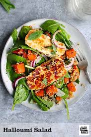 Halloumi Salad With Roasted Butternut Squash Spinach And Quinoa A Tasty And Filling S In 2020 Halloumi Salad Vegetarian Thanksgiving Recipes Tasty Vegetarian Recipes