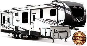 Fifth wheel toy hauler with living room in front. Venom Luxury Fifth Wheel Toy Haulers Kz Rv