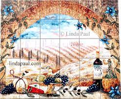 This backsplash contains pictures of fruits that are formed by squared tiles. Italian Tile Murals Tuscan Kitchen Backsplash Tiles