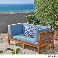 Dawson Outdoor Modular Acacia Wood Loveseat With Cushions Teak And Blue Walmart Com Walmart Com