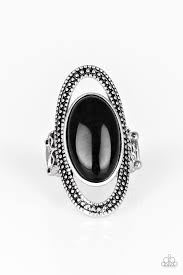 A refreshing white stone is pressed into the center of a dainty silver band radiating with studded and filigree textures for a seasonal look. Western Royalty Black Black Rings Paparazzi Accessories Accessories