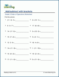 This progression informs how to develop the standard within the grade level. Grade 3 Order Of Operations Worksheet Add Subtract With Parenthesis K5 Learning