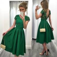 Grun Spitze Gefaltete Ruckenfreies Rundhals Kurzarm Elegant Midikleid Abendkleid Ballkleid Cocktailkleid Abendkleid Trauzeugin Kleid