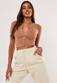 Lace up black casual cropped long sleeves cut out shirt pullover basic knitwear crop top about gender: Tan Button Front Long Sleeve Crop Top Missguided