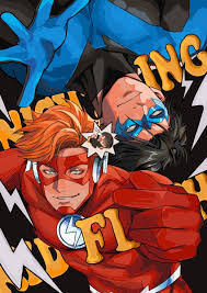 dick grayson, kid flash, nightwing, wally west, dc comics, young justice,  highres, 2boys, black bodysuit, black hair, blue bodysuit, bodysuit,  character name, domino mask, doufujintianxianle, large pectorals, male  focus, mask, multiple boys, muscular, muscular 