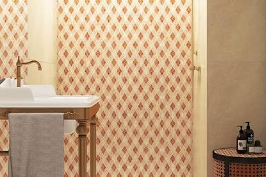 Diamond-patterned tile wall creating a high-contrast accent in a renovated bath, AI generated