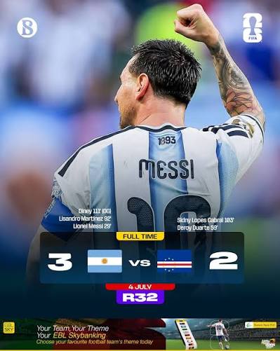 Argentina defeated Cape Verde 3–2 in a tight knockout match, with Lionel  Messi once again delivering on the big stage by scoring. With this goal  Lionel Messi extended an incredible record of