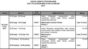 Untuk peperiksaan spm (u) 2017, ianya hanya melibatkan maksima 3 kertas subjek iaitu bahasa melayu, matematik dan sejarah. Spm Ulangan 2017 Jadual Waktu Peperiksaan