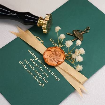 vintage emerald green invitation with gold wax seal for classic wedding