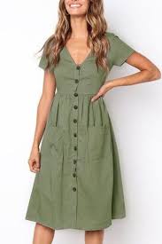 V Neck Pockets Button Casual A Line Beach Ladies Dress Summer Autumn Midi Short Sleeve Dress Short Sleeve Dresses Fashion
