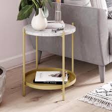 Nathan James Alexis White Faux Marble With Gold Brass Metal Frame Round End Side Table 32301 The Home Depot In 2020 Gold Side Table Round Wood Side Table Side Table