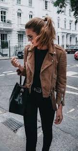 Street Style Suede Brown Jacket Black Tee Denim Brown Leather Jacket Outfit Leather Jacket Outfits Suede Jacket Outfit