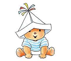 Fotobehang Bobbi With A Paper Hat Blue Baby Tekening Kinderschilderij Babykamer Schilderij