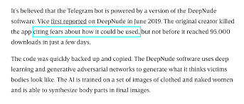 Dr. Casey Fiesler on X: A deepfake porn bot based on AI trained on  images of clothed & naked women can take in a clothed photo & spit out a  naked photo.