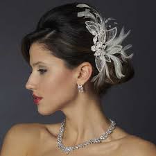 Diamond White Feather and Rhinestone Wedding Hair Comb