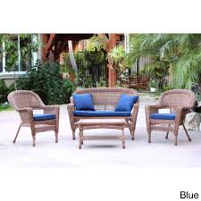 Wicker 4 Piece Patio Set Honey Conversation Outdoor Furniture Blue Cushion Jeco Conversation Set Patio Wicker Patio Chairs Wicker Conversation Sets
