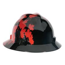 Msa V Gard Hard Hat Full Brim Canadian Black With Red Maple Leaf Red Maple Leaf Canadian Flag Hard Hat