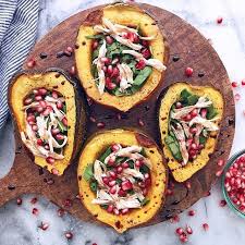 Roasted Acorn Squash With Spinach Shredded Chicken Pomegranate Seeds And Balsamic Vinegar Via Feedfeed On Https Acorn Squash Fodmap Recipes Shredded Chicken