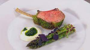 H‑e‑b natural lamb rib roast comes in frenched racks of eight or four lamb chops. Herb Crusted Rack Of Lamb With Chargrilled Asparagus Soft Sheep S Cheese And Gremolata James Martin Chef