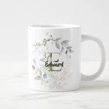 Green W Gold Leaves Monogram Initial E Name Giant Coffee Mug Zazzle Com Leaf Monogram Monogram Initials Mugs