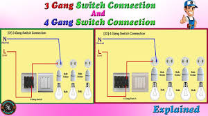 This faq has been produced to explain the different types of light switches, circuits and these ratings differ with 1 gang, 2 gang and 3 gang versions. 3 Gang 4 Gang Switch Connection How To Wire Three Gang Four Gang Light Switches Explained Youtube