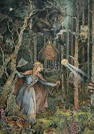 Vasilisa The Beautiful And Baba Yaga Illustrated By Ivan Bilibin As The Black Horseman Galloped Past Her The Forest Suddenly Became Pitch Dark Again And The Eyes Of The Skull Began Art Fairytale Illustration Fairytale Art