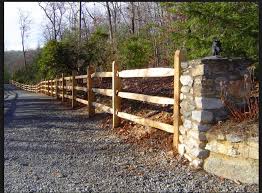 Cedar is installed for the round rail fences. Split Rail Fencing With Stone Pillars Fence Landscaping Backyard Fences Split Rail Fence