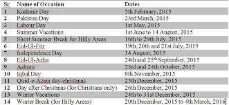 annual holidays calendar january to december 2015 pakistan