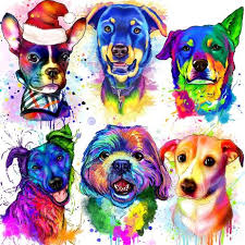 How many pets in your portrait? Watercolor Rainbow Dog Portrait In Digital Style