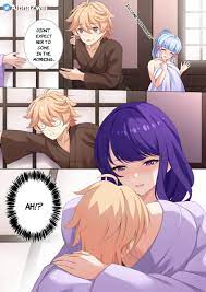1boy 2girls aether (genshin impact) alphazwei big breasts blush  breast smother color dialogue drawing face between breasts genshin impact  holding imminent sex kamisato ayaka long hair mihoyo raiden shogun