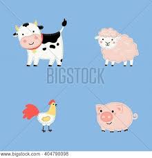 Cows eating lush grass on the green field in front of fuji mountain, japan. Set Cute Cartoon Farm Vector Photo Free Trial Bigstock