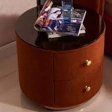 Sometimes the geometry of your furniture can change your room. Modern Orange Round Nightstand Solid Wood Glass Top Bedside Table With 2 Drawers In 2021 Glass Top Bedside Table Wood Glass Round Nightstand