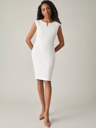 Split Neck Sheath Dress in Off White | Kasper