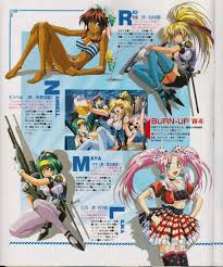 yamashita toshinari, jinguu maya, kinezono rio, lilica evett, nanvel  candlestick, burn-up, burn-up w, highres, scan, 1990s (style), 5girls,  alcohol, beer, bikini, blonde hair, blue eyes, blue hair, brown eyes,  cherry, dark-skinned female,