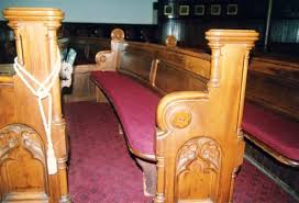 In the victorian period, the box pews were removed and replaced with curved pews fanning outward from the pulpit, while the walls were papered and drapes were added to the windows. Curved Pew Cushions Southeast Church Supply