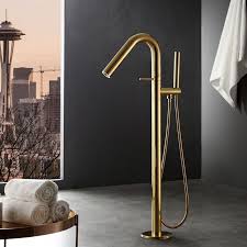 Modern Solid Brass Freestanding Tub Faucet Floor Mounted Tub Filler With Handheld Shower Gold In 2020 Freestanding Tub Faucet Free Standing Tub Freestanding Bath Taps