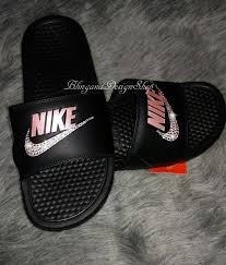 Black And Rose Gold Nike Slides Swarovski Womens Nike Benassi Slides Black Sandals Customized With Swarovski Crystals Bling Nike Sandals In 2020 Nike Sandals Shoes Nike Slippers