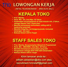0852 2552 5576 (wa only) www.lowonganterpadu.com. Lowongan Staf Dan Kepala Toko Penempatan Di Mall Bali Galeria Ringtimes Bali